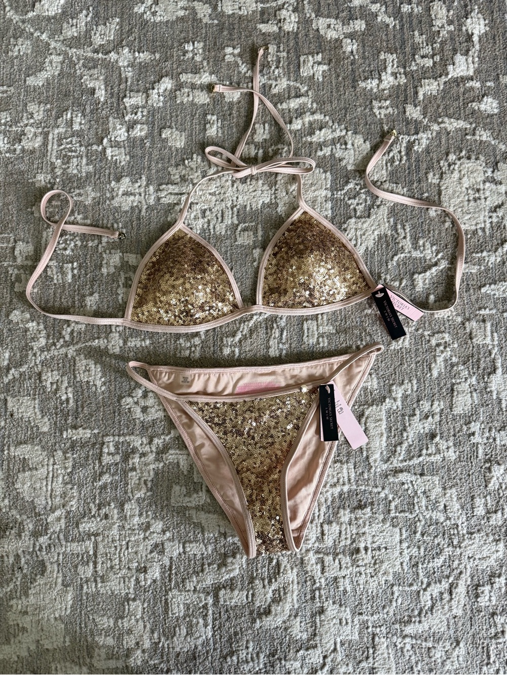 Victoria's Secret Gold Sequin Bikini size medium top size xs bottom NWT